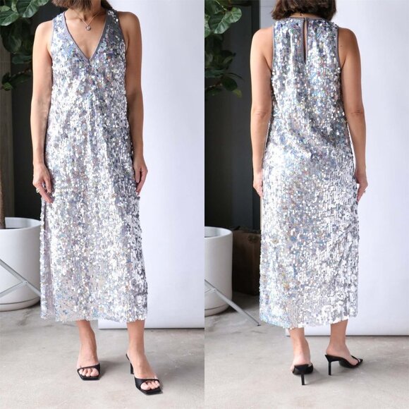 NWT Smythe Deep V Midi Dress in Silver Pailette
